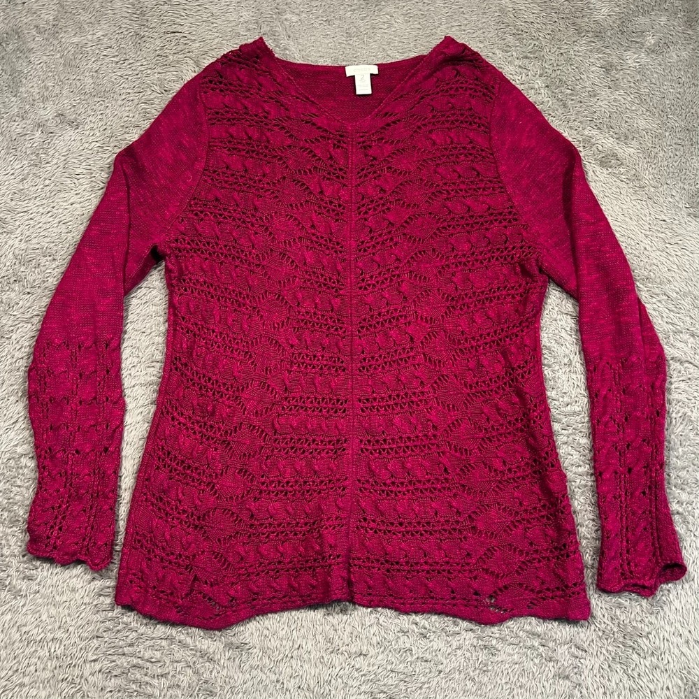 Chicos Womens 2 L Magenta Pink Pointelle Knit Sweater Scalloped V-Neck Boho Chic
